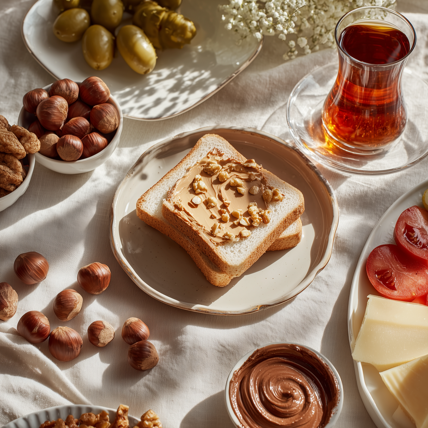 Meredav kahvaltılık fındık ürünleri, ekmek üzerinde fındık ezmesi ve geleneksel kahvaltı sofrası.